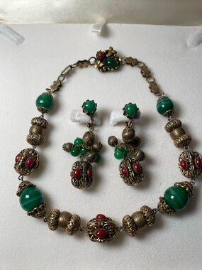 Vintage Vendome Green and Red Statement Necklace & Earrings Set